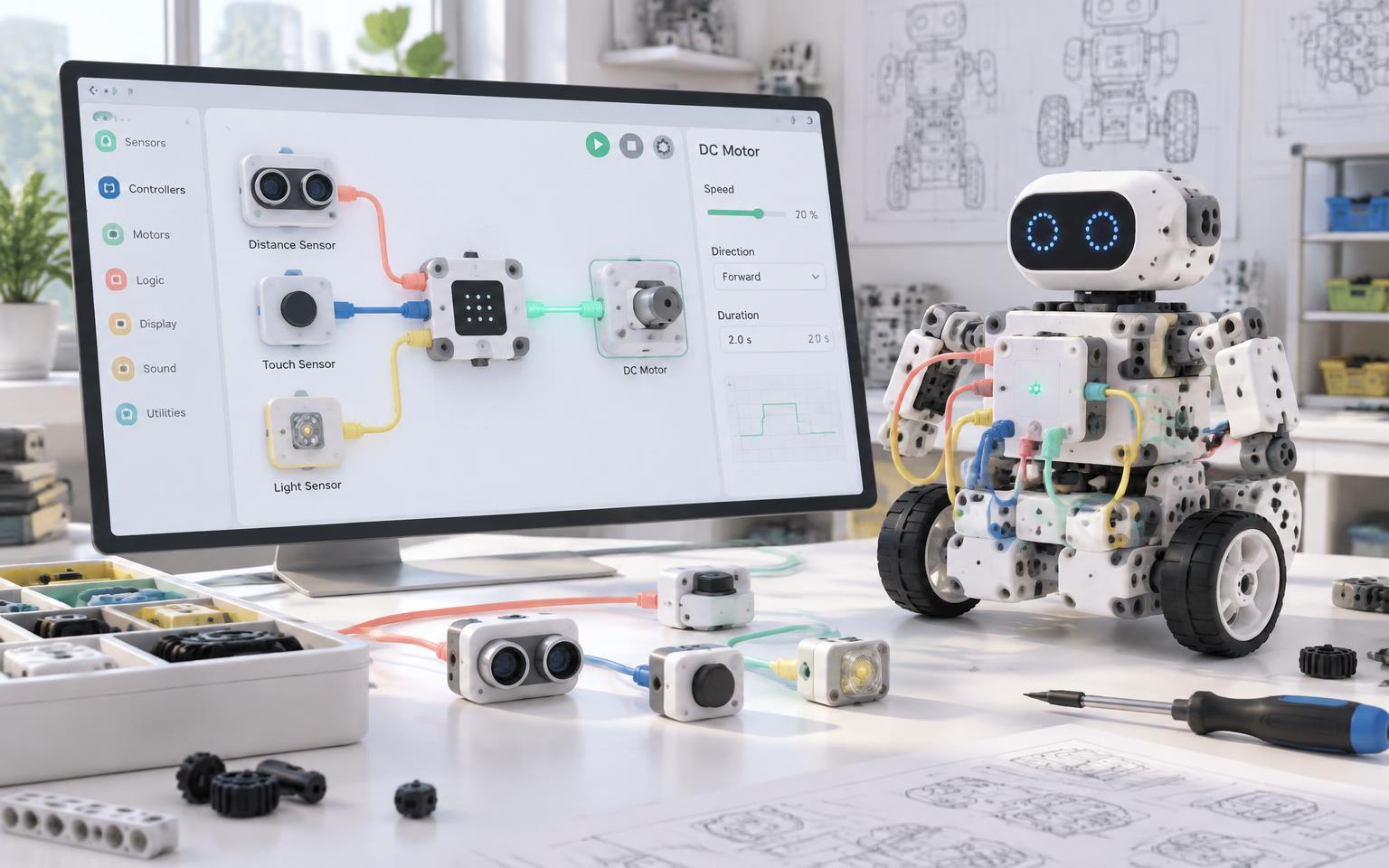 KidBot electronics workspace beside a connected robot